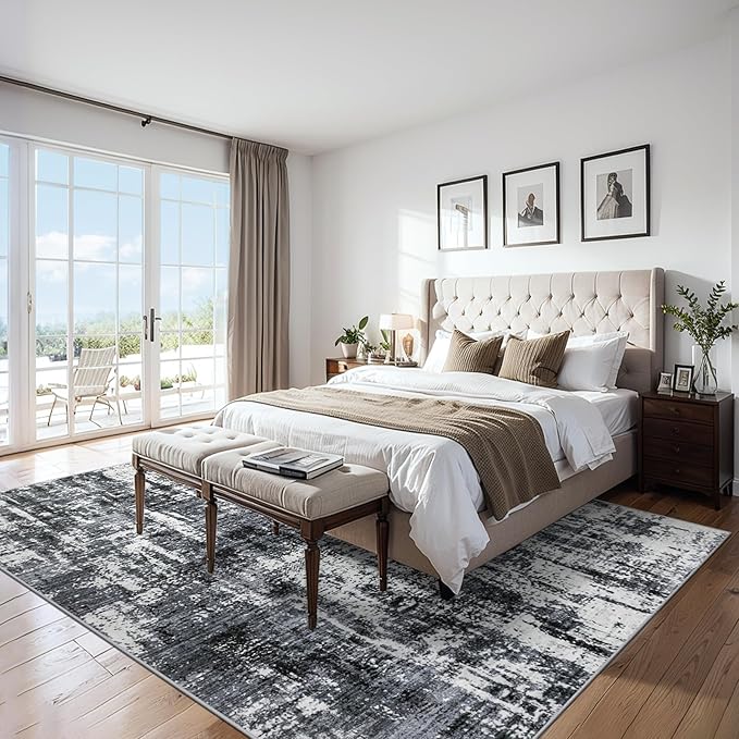Area Rugs 10x14 Living Room - Washable Rug Modern Abstract Soft Large Neutral Non-Slip Carpet Indoor Floor Thin Carpets for Bedroom Dining Room Farmhouse Nursery Home Office Black