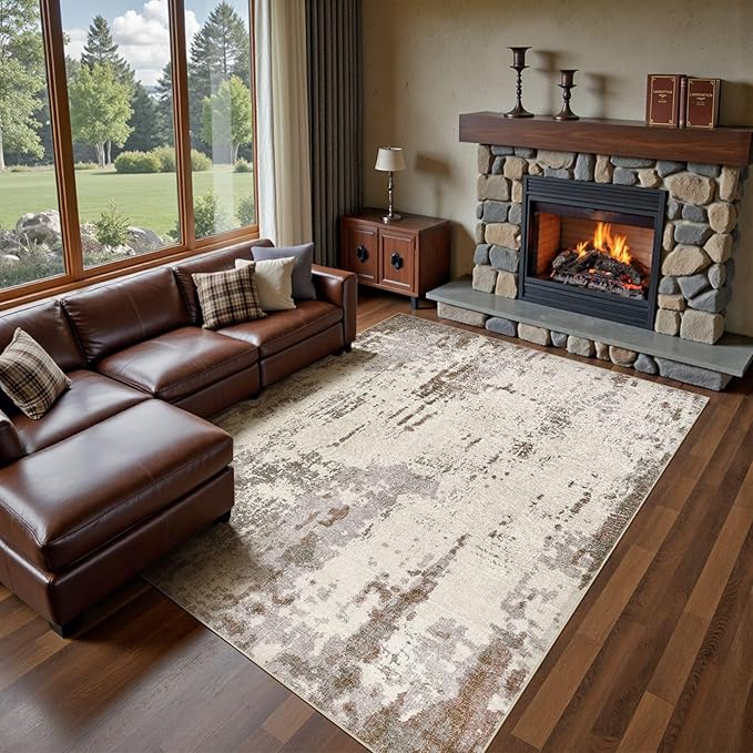 UERMEI 8x10 Area Rug Living Room Rugs - Washable Neutral Modern Abstract Soft Thin Rug Indoor Floor No Slip Rug Carpet for Bedroom Under Dining Table Home Office Decor - Brown/Grey/Beige
