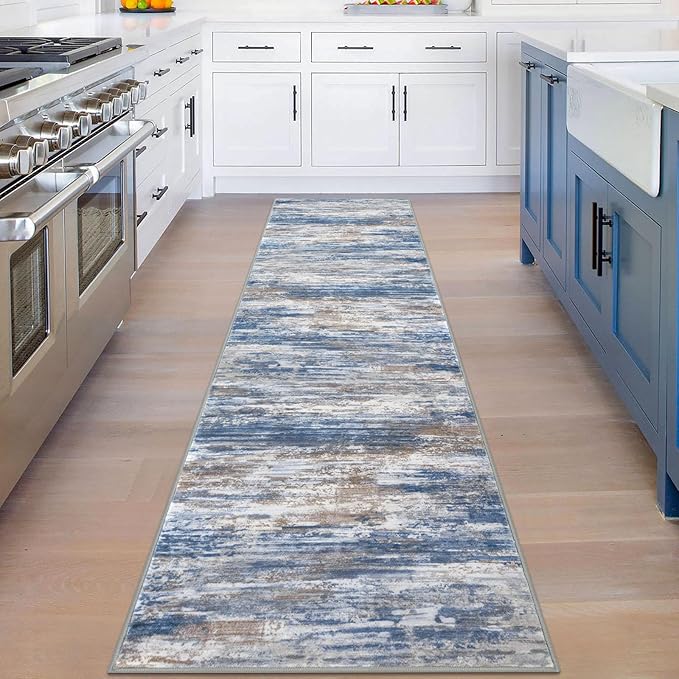 KOZYFLY Modern Abstract Hallway Runner Rug, 2x8 Kitchen Rugs Non-Slip Washable Soft Striped Runner Rugs, Print Blue Rust Carpet Runner for Entryway Bathroom Laundry Room Foyer