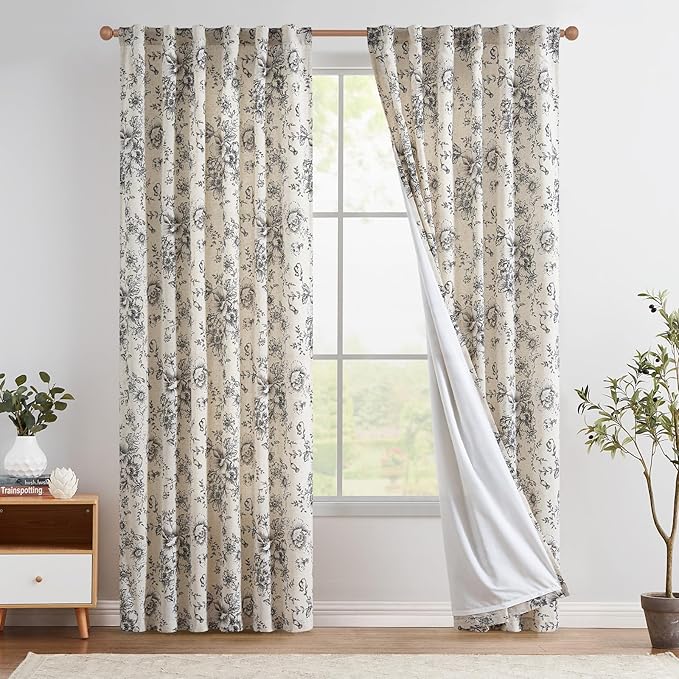 jinchan Floral Linen Lined Curtains for Living Room 84 Inches Long Farmhouse Printed Back Tab Drapes French Country Black Peony Patterned Bedroom Window Curtains Set 2 Panels