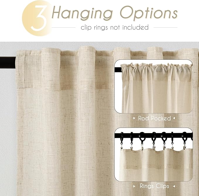 Faux Linen Beige Curtains 94 inches Long for Living Room Rustic Farmhouse Linen Drapes Semi Sheer Burlap Textured Canvas Cloth Curtain Panels Set of 2 Kahki Tan Colored