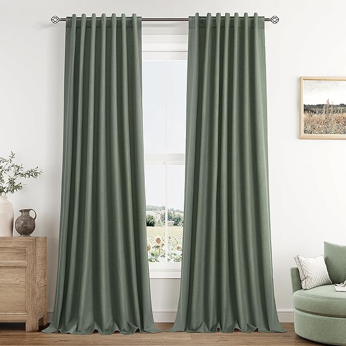 Guken Olive Green 100% Blackout Curtains 84 Inch Length 2 Panels Set for Living Room Bedroom Back Tab Thermal Insulated Black Out Linen Drapes Room Darkening Window Curtains 84 Inches Long