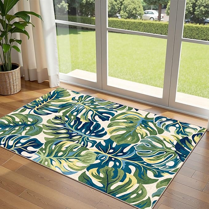 3x5 Botanical Entry Rug - Small Washable Indoor Outdoor Mats for Front Door Non-Slip Porch Rug Spring Tropical Green Leaf Throw Rugs for Living Room Bedroom Entryway Kitchen Office Porch Decor