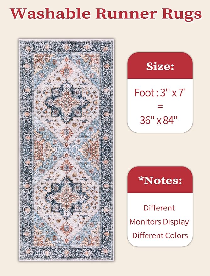 SERISSA Boho Kitchen Runner Rug, 3x7 Washable Non-Slip Runner Rug for Hallways Kitchen Rug, Ultra Soft Vintage Blue Orange Print Distressed Tribal Floor Carpet Runner for Bedroom Entryway Laundry Room
