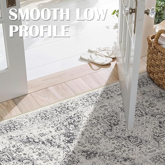Washable 3x4 Area Rug for Entryway - Kitchen Non Slip Low-Pile Rugs Vintage Soft Thin Carpet Small Stain Resistant Mat for Bedroom Entrance Bathroom Floor Decor (Distessed Grey)