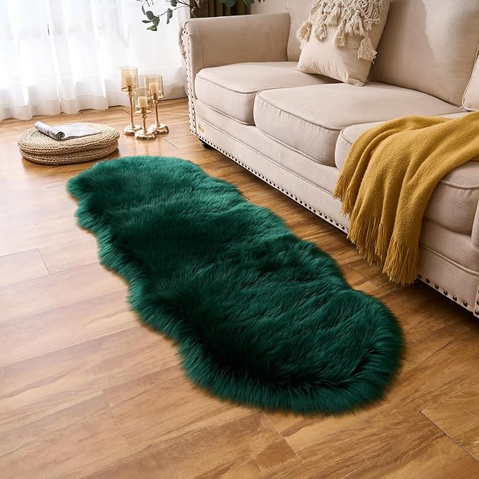 EasyJoy Ultra Soft Fluffy Shaggy Area Rug Faux Fur Rug Chair Cover Seat Pad Fuzzy Area Rug for Bedroom Floor Sofa Living Room (2 x 6 ft Sheepskin, Dark Green)