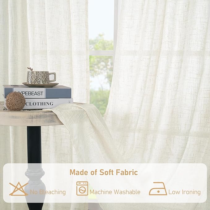 LAMIT 60 Inch Length Window Linen Curtains, Light Filtering Panels Back Tab and Rod Pocket Neutral Drapes for Bedroom/Living Room, Cream, 2 Panels, 34 x 60 Inch