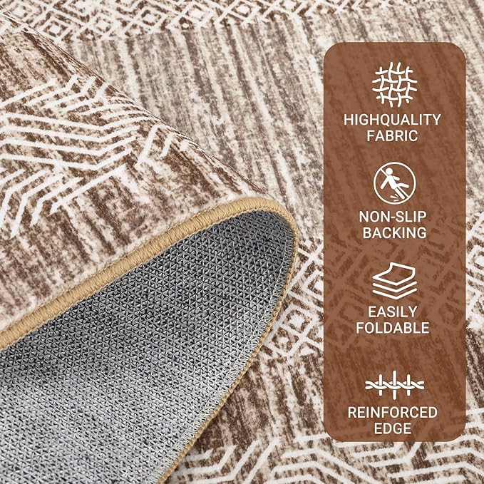 GarveeHome Modern Geometric Area Rug 5x7 Distressed Bordered Rug Washable Non Slip Floor Carpet Non Shedding Thin Rug, Soft Low Pile Rug, Contemporary Brown Rug for Dining Room, Living Room