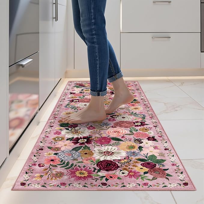 2x5 Entryway Runner Rugs, Non Slip Washable Rugs with Rubber Backing Soft Floral Carpet Runner for Kitchen, Laundry, Bedroom, Bathroom(2 x 5, Pink Garden)