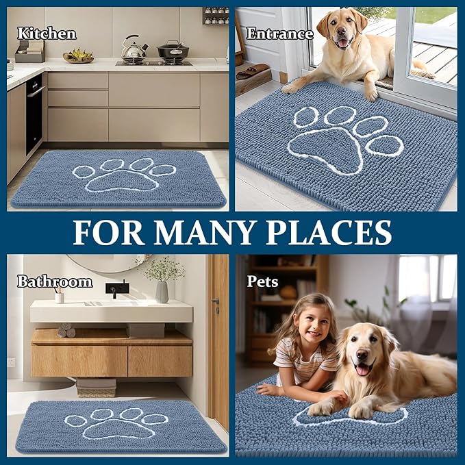 OLANLY Dog Door Mat for Muddy Paws 32x20, Paw Print Design, Absorbs Moisture and Dirt, Non-Slip Washable Doormat, Quick Dry Chenille Mud Mat, Entry Indoor Entryway Carpet, Airy Blue and White