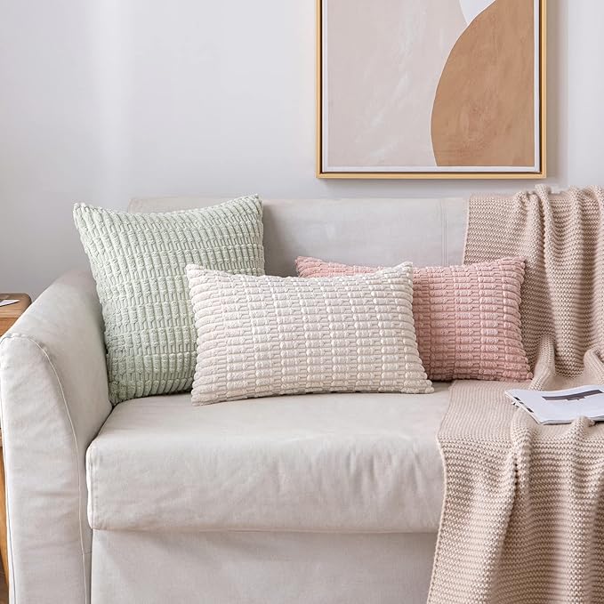 MIULEE Pack of 2 Corduroy Decorative Lumbar Throw Pillow Covers 22x14 Inch Soft Boho Striped Pillow Covers Modern Farmhouse Home Decor for Sofa Living Room Couch Bed Cream White