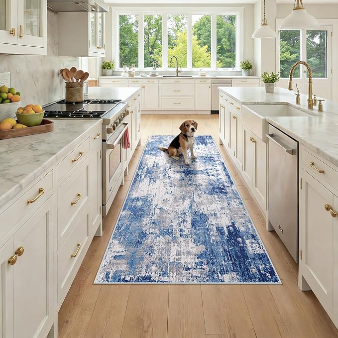 Washable Area Rugs 3x7 Non-Slip Modern Abstract Soft for Living Room Entryway Bedroom Nursery, Print Pattern, Blue Grey Navy Gray