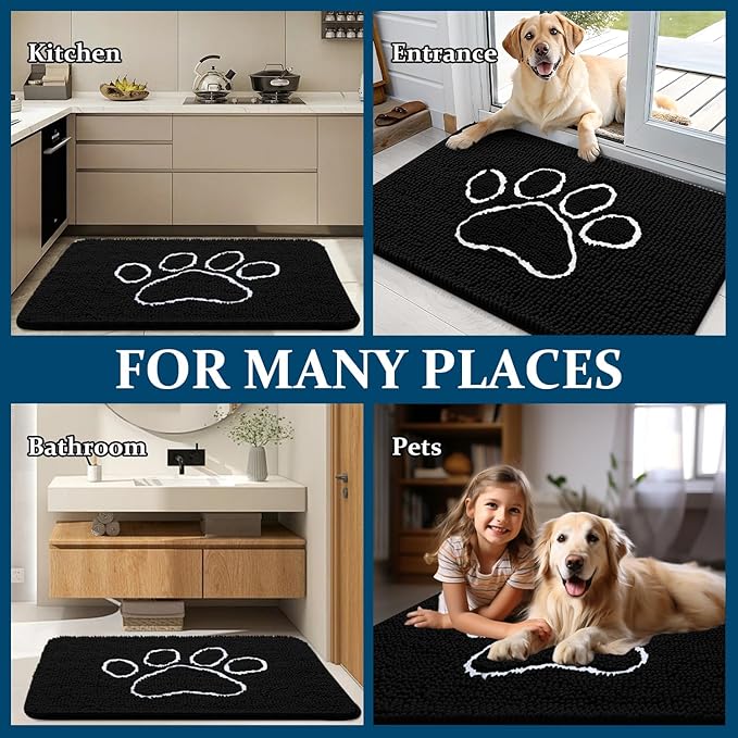 OLANLY Dog Door Mat for Muddy Paws 48x30, Paw Print Design, Absorbs Moisture and Dirt, Absorbent Non-Slip Washable Doormat, Quick Dry Chenille Mud Mat for Dogs, Entry Indoor Entryway Carpet, Black
