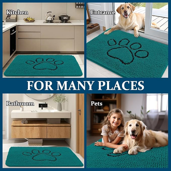 OLANLY Dog Door Mat for Muddy Paws 30x20, Paw Print Design, Absorbs Moisture and Dirt, Absorbent Non-Slip Washable Doormat, Quick Dry Chenille Mud Mat for Dogs, Entry Indoor Entryway Carpet, Lake Blue