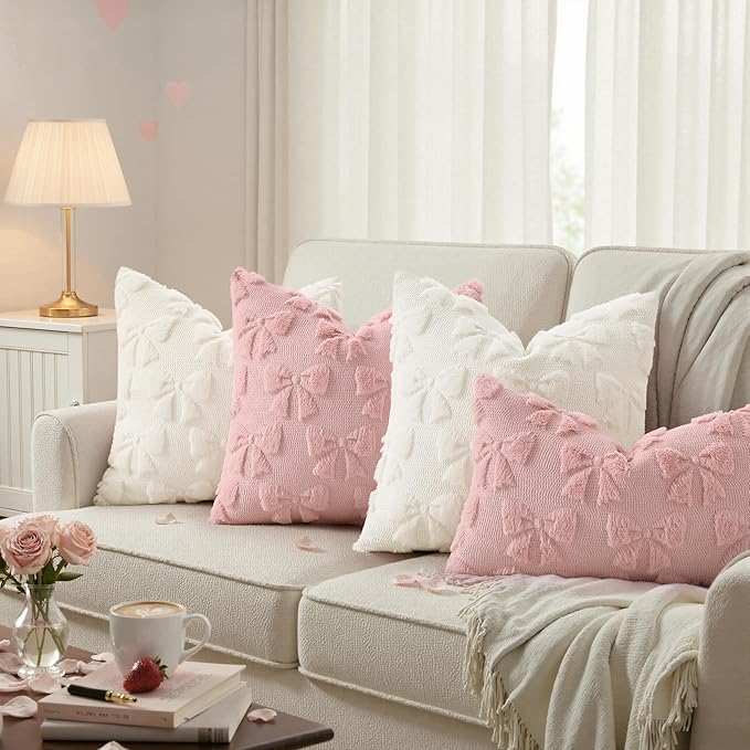 decorUhome Pink Bow Pillow Covers Set of 2 Coquette Aesthetic Cute Preppy Plush Faux Pillowcases for Girly Bedroom or Couch 16x16 Inch