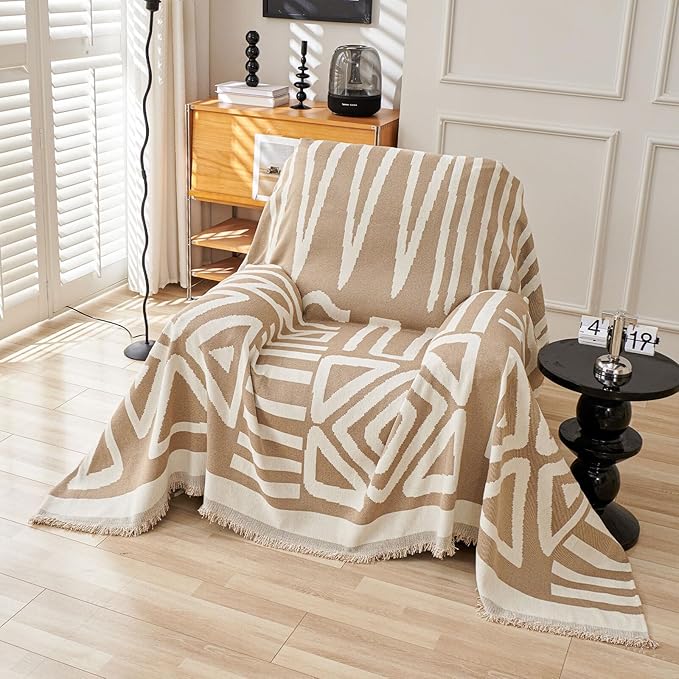 HANDONTIME Sofa Covers Armchair Boho Couch Cover for Dogs Khaki Throw Couch Cover with Tassel Chair Recliner Futon Cover Washable 1 Cushion Couch Non Slip Chenille Couch Protector, 71" X71"