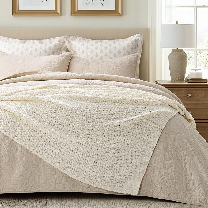 EVERGRACEHOME Chunky Chenille Knit Throw Blanket for Couch, Soft Luxurious Moss Stitch Blankets for Bed, Cozy Decorative Farmhouse Knitted Throws for Sofa, Ivory White, 50" x 60"