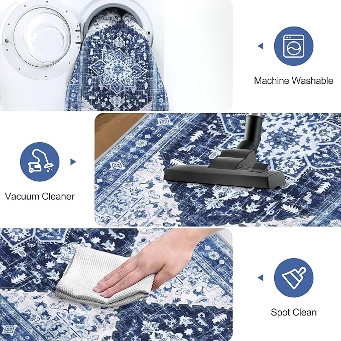 Yamaziot Washable Runner Rug, 2x8 Non-Slip Boho Vintage Hallway Rug Runner with Rubber Backing, Stain Resistant & Low Pile Faux Wool Distressed Carpet Runner for Bedroom, Kitchen, Laundry, Entrance