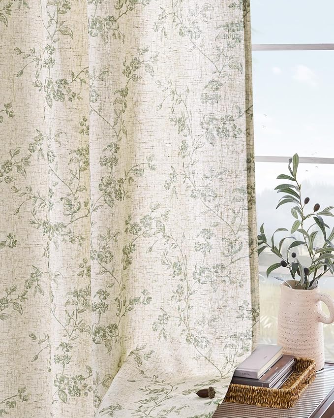 Lazzzy Green Floral Curtains 84 Inch Length Linen Farmhouse Curtain Back Tab Drapes for Living Room Bedroom Light Filtering Vintage Rod Pocket Curtains, 2 Panels, Green on Beige