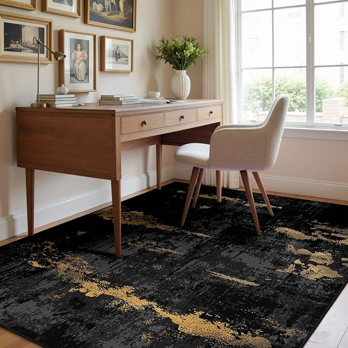 Washable Area Rugs 3'x5' Non-Slip Modern Abstract Soft for Living Room Entryway Bedroom Nursery, Print Pattern, Dark Black Gold