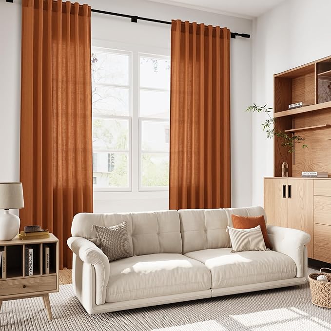 Desert Orange Semi Sheer Curtains 120 Inches Set Back Tab Loop Pocket Linen Blend Boho Curtain Extra Long Light Filtering Drapes High Ceiling Curtain Living Room Dinner Room 52x120,2 Panels