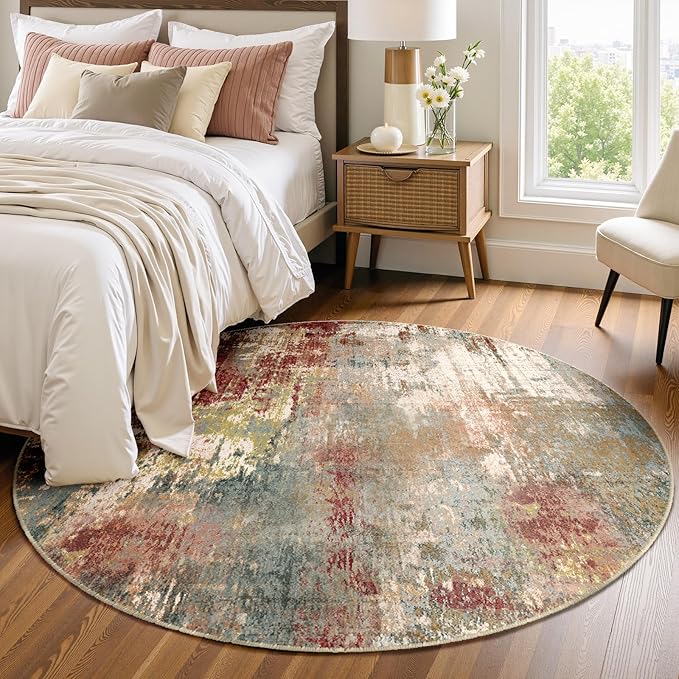 Washable Area Rugs 4ft Non-Slip Modern Abstract Soft for Living Room Entryway Bedroom Nursery, Print Pattern, Brown Rust Red Green Blue Multi