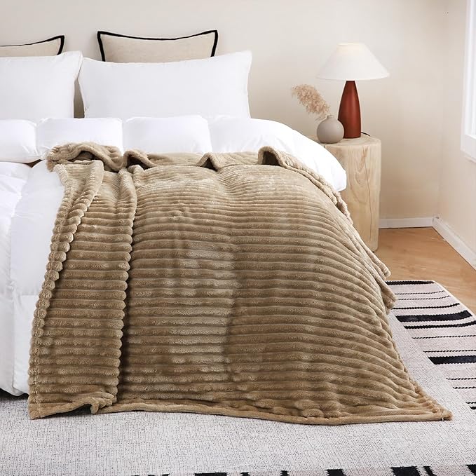 Tan Fleece Throw Blanket 60”×80” for Couch Sofa Bed,Super Soft Cozy Plush Microfiber Flannel Blanket with Stripes Design Lightweight for Adults,Woman,Girls
