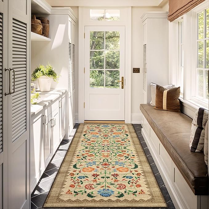 GarveeHome Floral Rug 2.5x10 Runners for Hallways, Boho Kitchen Runner Rugs Non Slip Bath Runners, Vintage Washable Runner Rug for Bedroom, Soft Long Rugs for Entryway Bathroom Laundry Dorm, Beige
