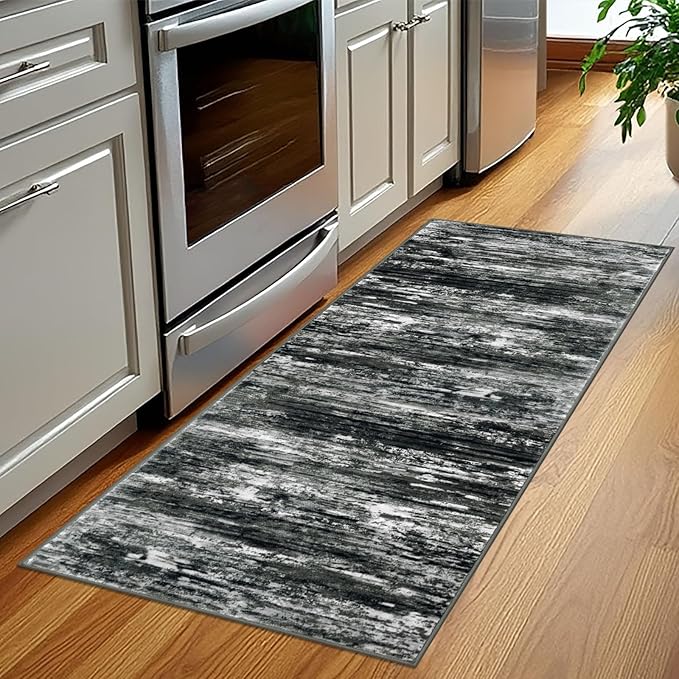 KOZYFLY Kitchen Runner Rug for Hallway Non-Slip Modern Abstract Runner Rug 2x5 Black Grey, Washable Carpet Runner Laundry Room Mat with Soft Low Pile for Entryway Bathroom Bedroom Kitchen