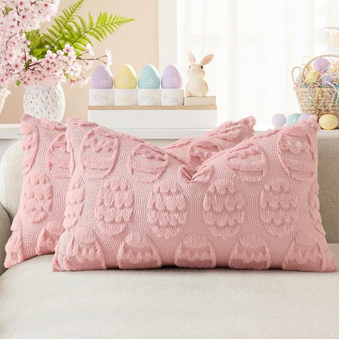 decorUhome Easter Pink Egg Pillow Covers 12x20 Inch Set of 2, Soft Plush Faux Wool Jacquard Cushion Covers, Farmhouse Neutral Fuzzy Spring Easter Holiday Decor for Couch Sofa Bed