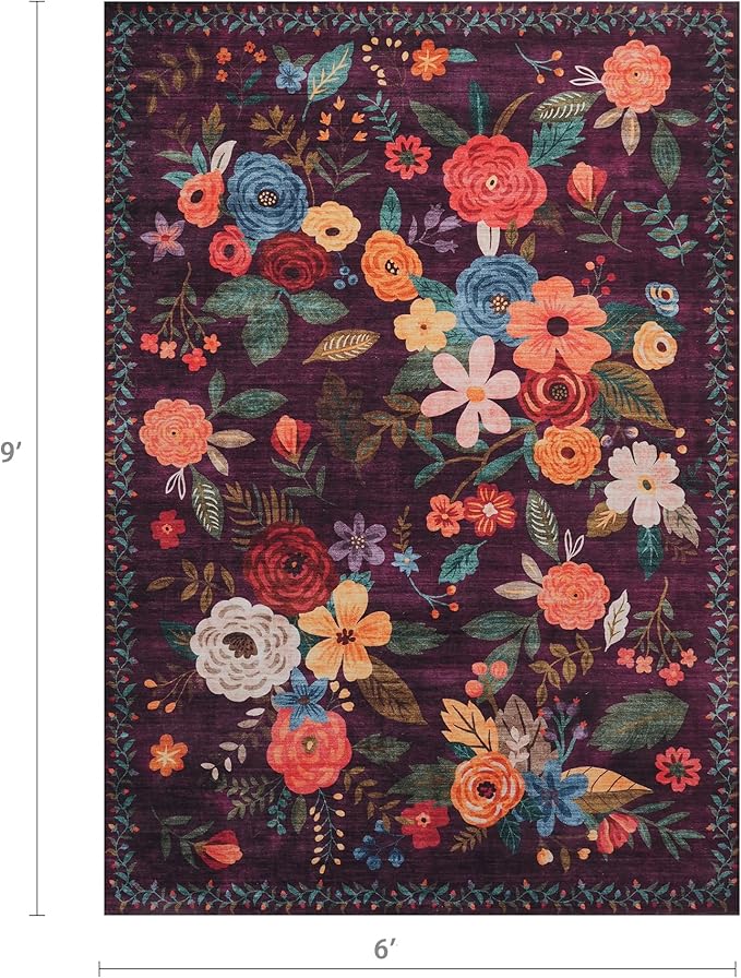 Floral Washable 6x9 Area Rugs, Soft Bedroom Rug for Living Room Ultra-Thin Non Slip Dining Room Rug, Stain Resistant Rugs Easy Clean Throw Carpet for Office(6 x 9, Purple)