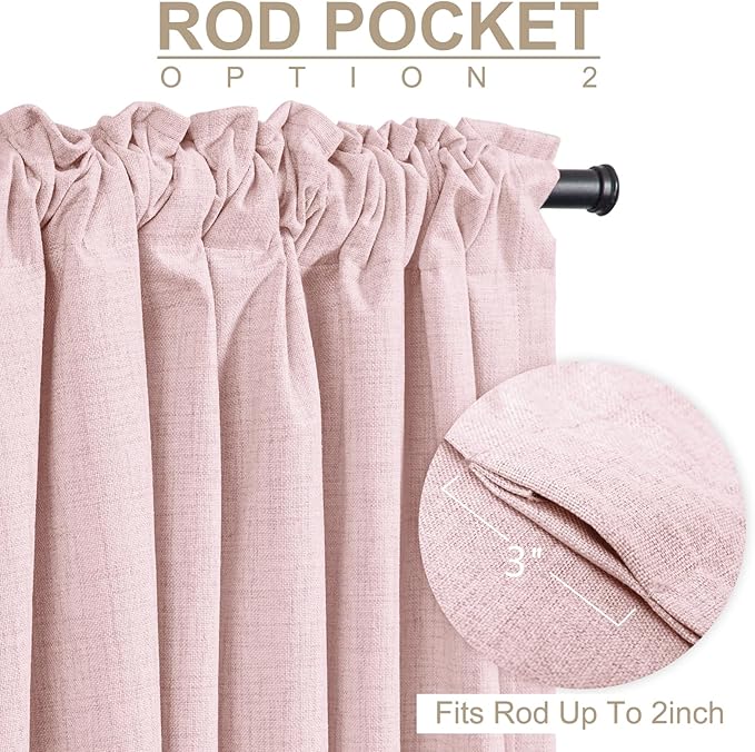 100% Blackout Shield Soft Pink Linen Blackout Curtains for Bedroom 90 Inches Long, Back Tab/Rod Pocket Living Room Drapes, Thermal Insulated Blackout Curtains 2 Panels Set, 50" W x 90" L