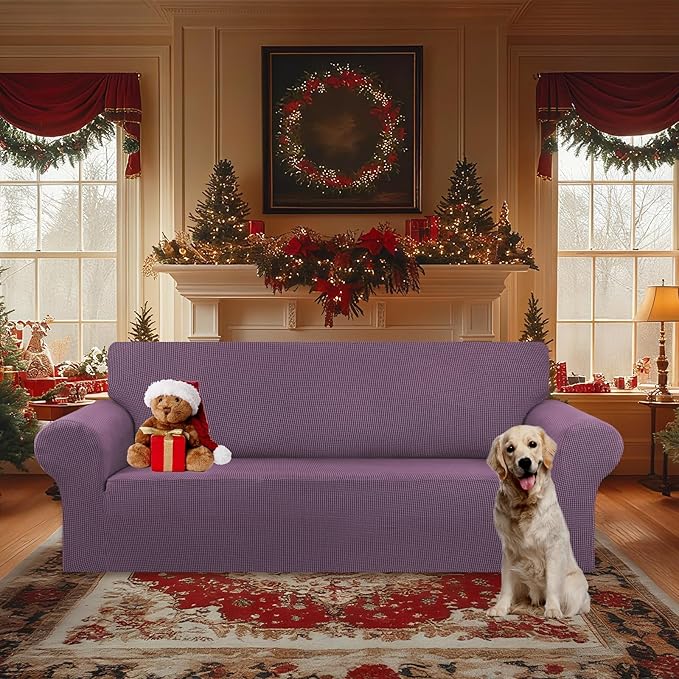 KEKUOU Stretch Oversized Sofa Slipcover 1 Piece Couch Sofa Cover (94"-110") Furniture Protector 4 Seater Sofa with Elastic Bottom for Kids,Pet.Jacquard Checked Pattern Fabric(X Large,Dark Purple)