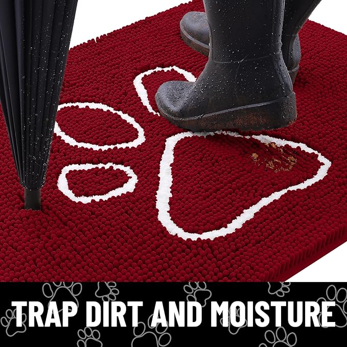 Smiry Dog Door Mat for Muddy Paws, Absorbent Dirt Trapper Non Slip Quick Dry Washable Chenille Mat for Mud Dogs, Entry Rug for Indoor and Outdoor (24x16 Inches, Red and White)