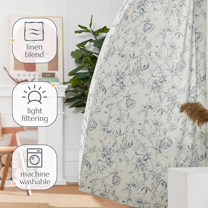 jinchan Floral Curtains 96 Inches Long Blue Flower Linen Farmhouse Curtain for Living Room French Country Vintage Curtain Rod Pocket Curtains Set 2 Panels Blue Floral Printed