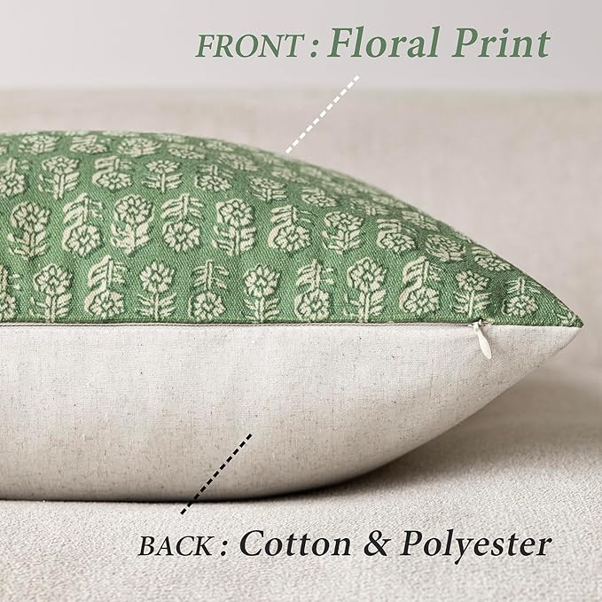 Foindtower Set of 2 Decorative Vintage Floral Print Throw Pillow Covers Neutral Modern Farmhouse Cushion Covers Boho Home Decor For Sofa Couch Chair Bedroom Living Room Outdoor,20×20 Inch,Forest Green