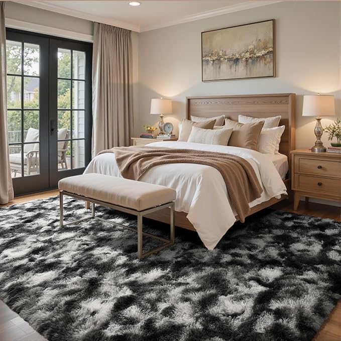 5x7 Ft Large Shag Rugs for Bedroom Living Room Decor for Men Boys, Tie Dyed Ultra Soft Fluffy Furry Area Rug for Indoor Floor, Aesthetic Carpet for Home Decor (Black Grey)