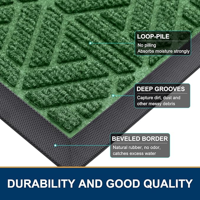 Smiry Front Door Mat Outside Entrance, Heavy Duty Sturdy Natural Rubber Doormat, Trap Dirt and Moisture, Easy Clean Low Profile Mats for Indoor Outdoor Entry, Grid Geometric (47x32, Green)