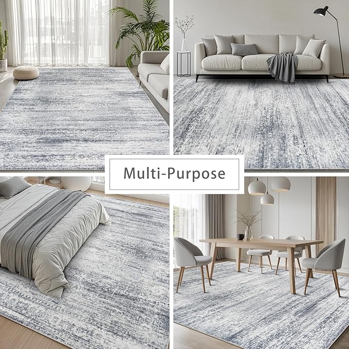 Srugn Washable Rugs 8x10 Area Rugs for Living Room,Rugs for Bedroom,Large Carpets,Ultra Soft Faux Wool Retro Dining Room Rug,Non Slip&Non-Shedding Low Pile Vintage Print Rug for Home Office-Grey Cream