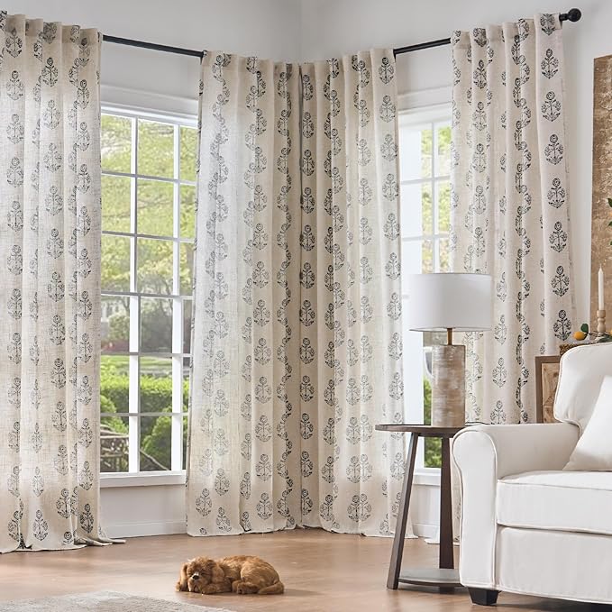 jinchan Linen Floral Curtains for Living Room 84 Inch Length Black Flower Cottage Core Farmhouse Curtains Rod Pocket Back Tab Boho Semi Sheer Window Drapes Bedroom Set 2 Panels Black on Beige