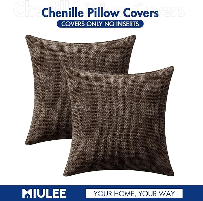 MIULEE Pack of 2 Couch Throw Pillow Covers 16x16 Inch Neutral Dark Brown Boho Accent Decorative Pillow Covers Soft Chenille Farmhouse Cushion Covers for Home Decor Bed Sofa Living Room