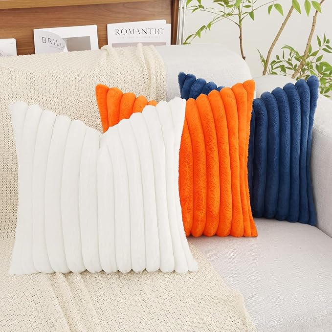 decorUhome Summer Cozy Faux Fur Throw Pillow Covers 24x24 Set of 2 Decorative Soft Plush Striped Modern Farmhouse Boho Couch Euro Sham Pillow Cases with Velvet Back for Sofa Bed Living Room, White
