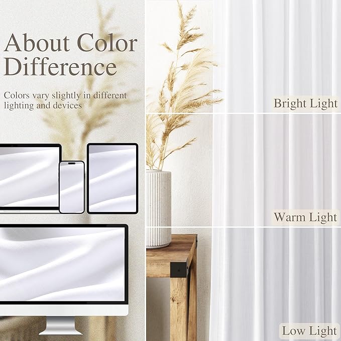 Snow White Linen Curtains 102 Inches Long for Living Room Light Filtering Semi Sheer Curtain Back Tab Luxury Neutral Modern Farmhouse Decor Floor to Ceiling Neutral Drapes for Bedroom 52x102,2 Panels