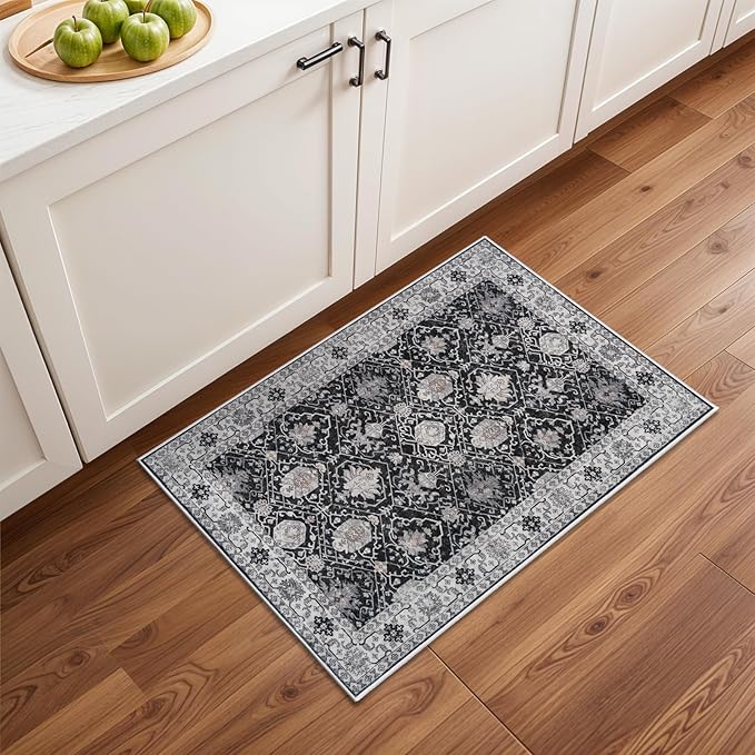 Washable 2x3 Entryway Area Rug: Vintage Soft Thin Door Mat with Non Slip Backing Water Resistant Carpet for Bedroom Low Pile Floor Mat for Kitchen Bathroom Easy Clean Rug for Family (2 X 3, Black)