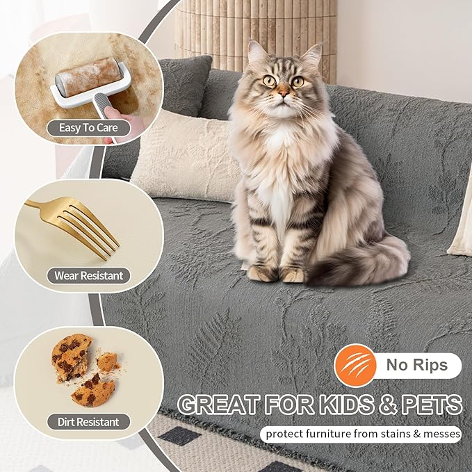 HANDONTIME Washable Couch Covers for Sofa Boho Couch Covers for 3 Cushion Sofa Pet Friendly Grey Chenille Jacquard Couch Protector for Dogs Plant Branch Sectional Cover Sofa Slipcovers, 71" X 118"