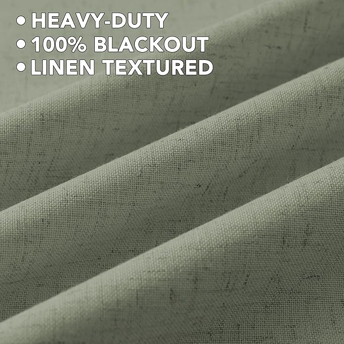 H.VERSAILTEX Linen Curtains 100% Blackout Curtains for Bedroom 96 inch Long Full Light Blocking Nature Linen Blended Window Curtains for Living Room Nickel Grommet (2 Panels, Heathered Dried Sage)
