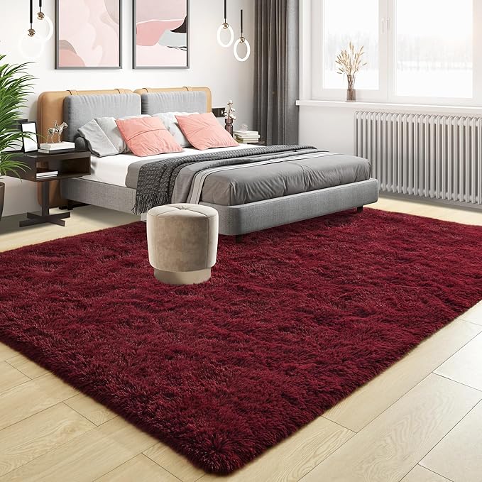 Tepook Soft Fluffy Rugs for Living Room, 5x8 Shaggy Area Rug for Bedroom, Modern Shag Rug Fuzzy Carpets for Kids, Plush Indoor Nursery Home Decor Rug with Non-Slip Bottom, Burgundy Red