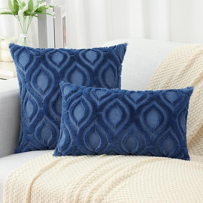 decorUhome Throw Pillow Covers 24x24 Inch Set of 2, Soft Plush Faux Wool Dark Blue Solid Couch Pillow Covers, Accent Euro Sham Farmhouse Neutral Square Pillow Cases for Sofa Bed Living Room