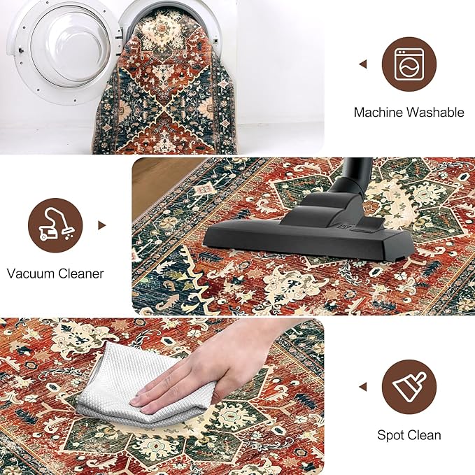 Yamaziot Area Rug 5x7, Non-Slip Washable Boho Vintage Living Room Bedroom Rug with Rubber Backing, Low Pile Faux Wool Soft Distressed Rug Floor Carpet for Living Room, Bedroom, Brick Red
