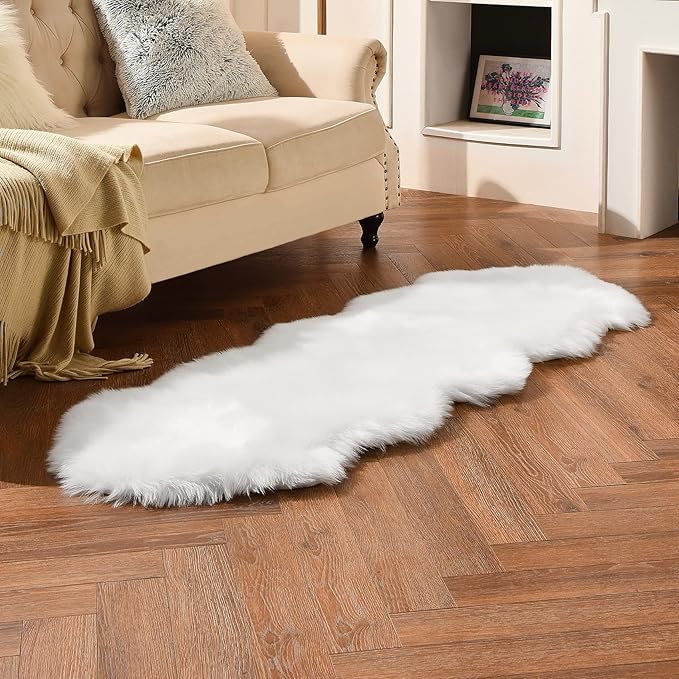 duduta White Faux Sheepskin Runner Rugs 2x6 ft, Fluffy Shag Rug for Bedroom Hallway Fur Sofa Couch Covers Non Slip